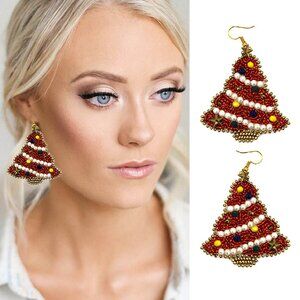 Red Tinsel Look Pearl Beaded Glass Bead Hook Dangle Earrings for Christmas